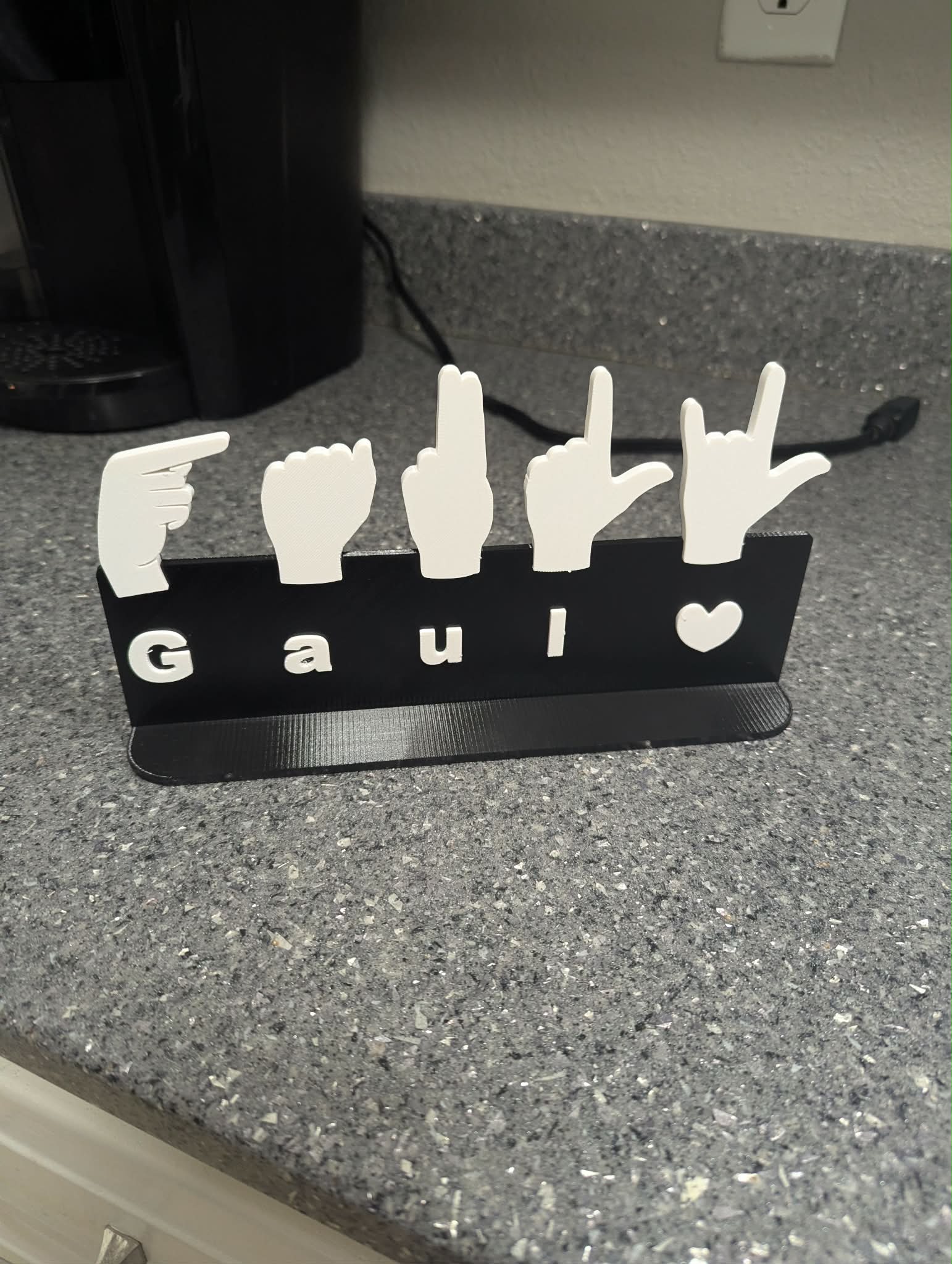 Custom ASL name plate spelling Gail with raised white hand shapes and lettering