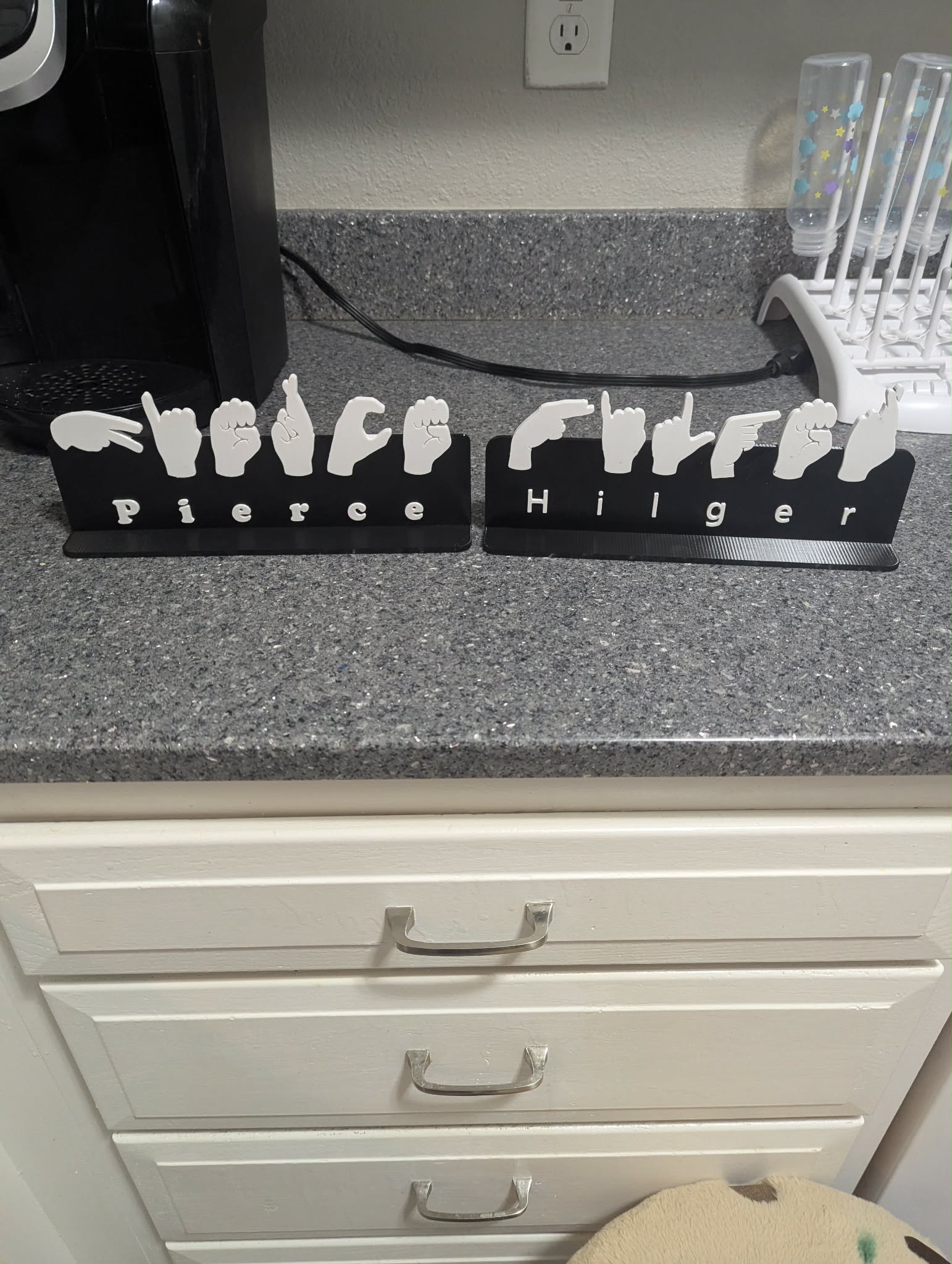 Custom ASL name plates with raised sign language hand shapes and lettering