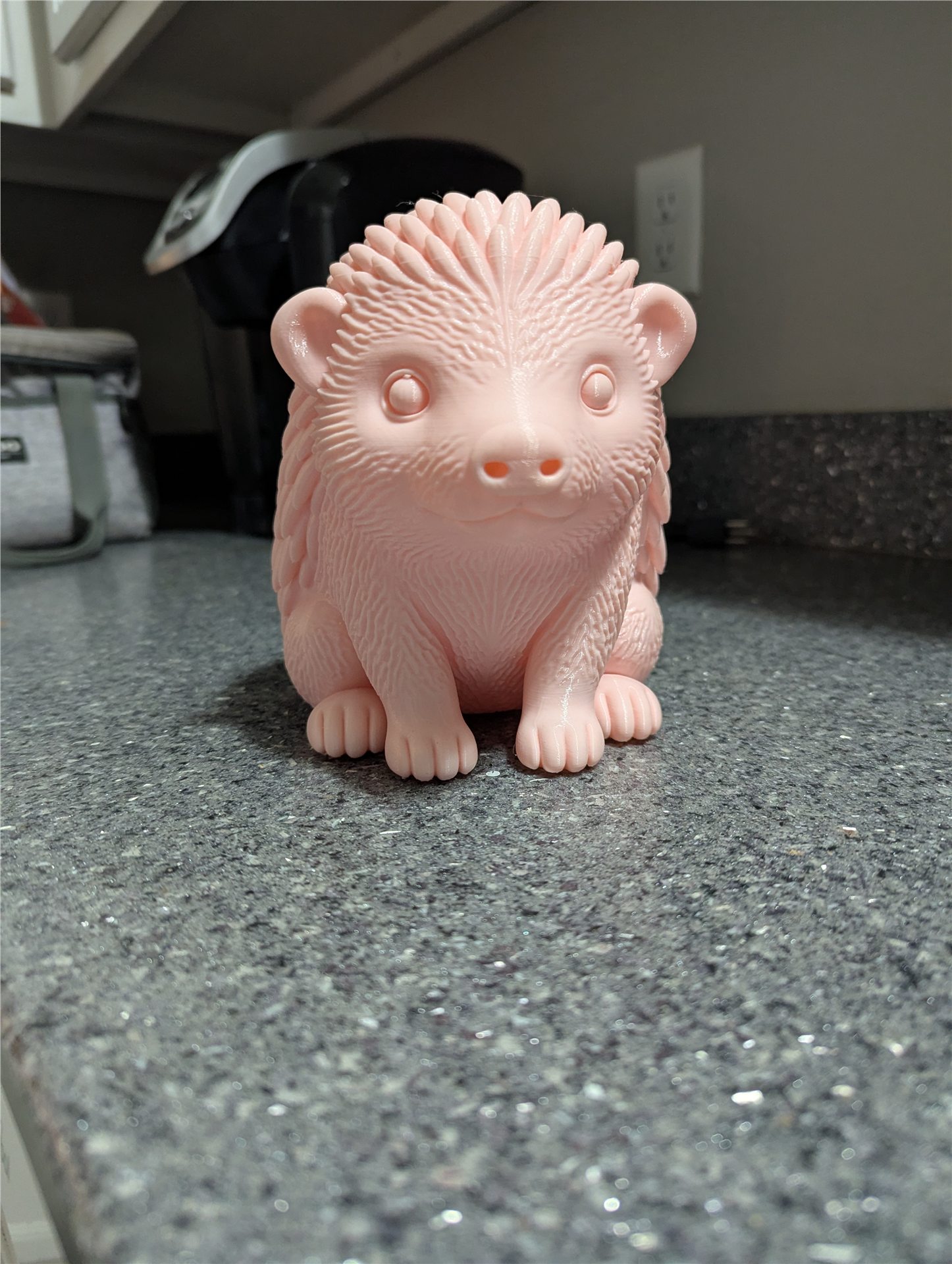 Finished pink custom hedgehog print on a countertop