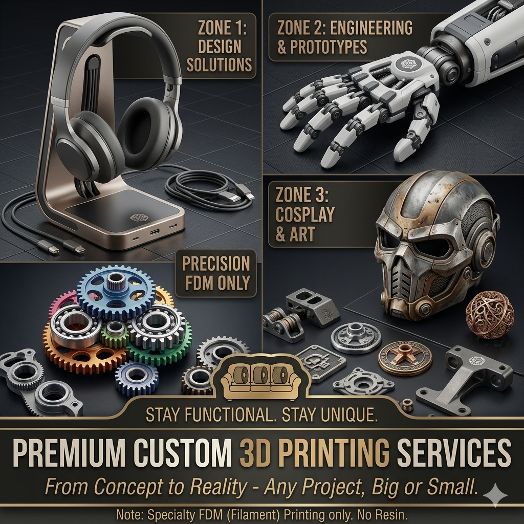 Material Matrix premium custom 3D printing services banner featuring design solutions, engineering and prototypes, cosplay and art, and precision FDM work